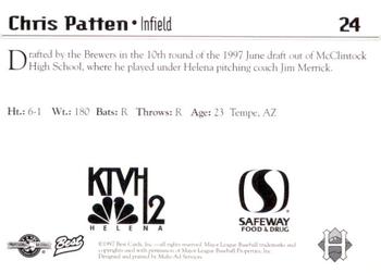 1997 Best Helena Brewers #24 Chris Patten Back