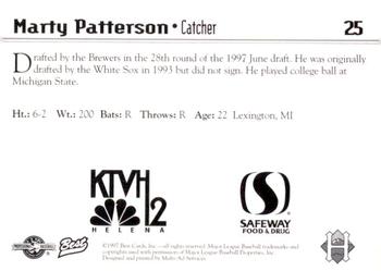 1997 Best Helena Brewers #25 Marty Patterson Back