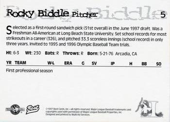 1997 Best Hickory Crawdads Beige #5 Rocky Biddle Back