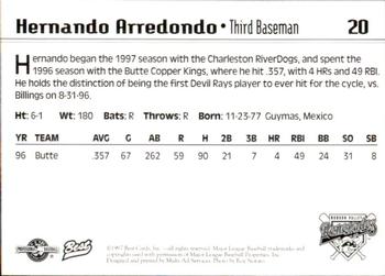 1997 Best Hudson Valley Renegades #20 Hernando Arredondo Back