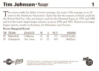 1997 Best Iowa Cubs #1 Tim Johnson Back