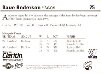 1997 Best Jacksonville Suns #25 Dave Anderson Back