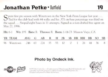 1997 Best Kinston Indians #19 Jonathan Petke Back