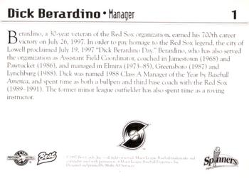 1997 Best Lowell Spinners #1 Dick Berardino Back