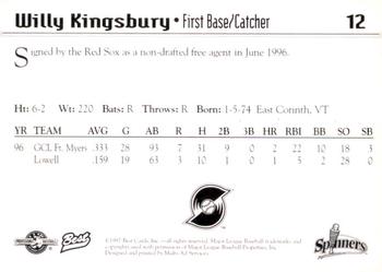 1997 Best Lowell Spinners #12 Willy Kingsbury Back