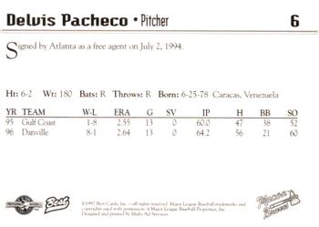 1997 Best Macon Braves #6 Delvis Pacheco Back