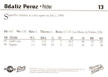 1997 Best Macon Braves #13 Odalis Perez Back