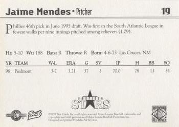 1997 Best Piedmont Boll Weevils #19 Jaime Mendes Back