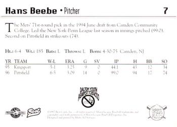 1997 Best Pittsfield Mets #7 Hans Beebe Back