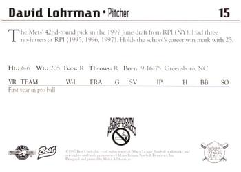 1997 Best Pittsfield Mets #15 David Lohrman Back