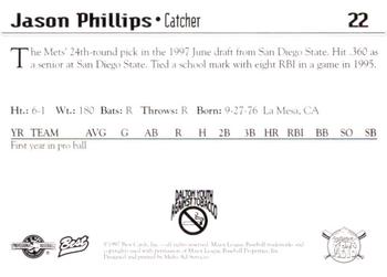 1997 Best Pittsfield Mets #22 Jason Phillips Back