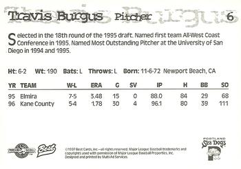 1997 Best Portland Sea Dogs #6 Travis Burgus Back