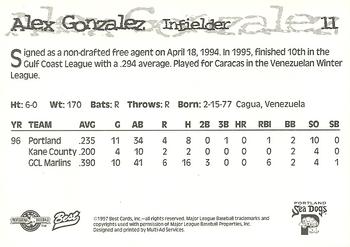 1997 Best Portland Sea Dogs #11 Alex Gonzalez Back