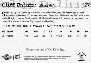 1997 Best Prince William Cannons #27 Cliff Politte Back