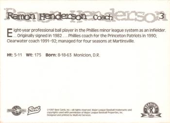 1997 Best Reading Phillies #3 Ramon Henderson Back