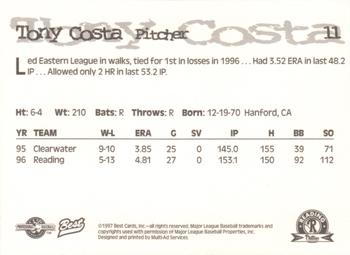 1997 Best Reading Phillies #11 Tony Costa Back