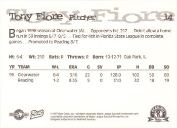 1997 Best Reading Phillies #14 Tony Fiore Back