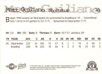 1997 Best Reading Phillies #16 Matt Guiliano Back