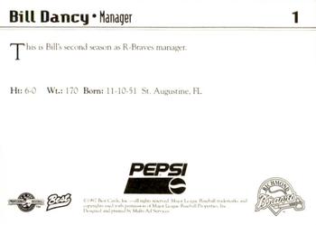 1997 Best Richmond Braves SGA #1 Bill Dancy Back
