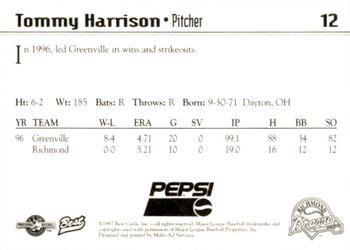 1997 Best Richmond Braves SGA #12 Tommy Harrison Back