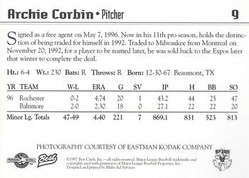 1997 Best Rochester Red Wings #9 Archie Corbin Back