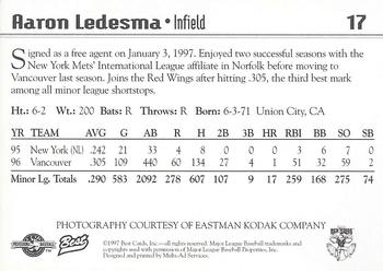 1997 Best Rochester Red Wings #17 Aaron Ledesma Back