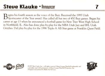 1997 Best Salt Lake Buzz #7 Steve Klauke Back