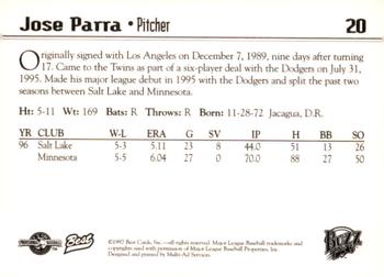 1997 Best Salt Lake Buzz #20 Jose Parra Back