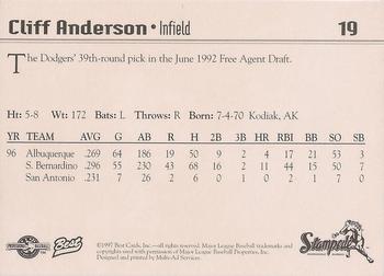 1997 Best San Bernardino Stampede #19 Cliff Anderson Back
