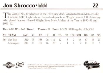 1997 Best Shreveport Captains #22 Jon Sbrocco Back