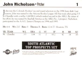 1997 Best South Atlantic League Top Prospects #1 John Nicholson Back