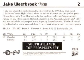 1997 Best South Atlantic League Top Prospects #2 Jake Westbrook Back
