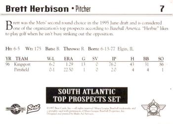 1997 Best South Atlantic League Top Prospects #7 Brett Herbison Back
