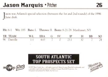 1997 Best South Atlantic League Top Prospects #26 Jason Marquis Back