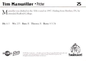 1997 Best Southern Oregon Timberjacks #25 Tim Manwiller Back