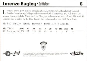 1997 Best St. Catharines Stompers #6 Lorenzo Bagley Back