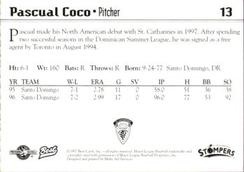 1997 Best St. Catharines Stompers #13 Pasqual Coco Back