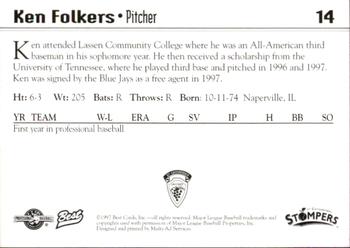 1997 Best St. Catharines Stompers #14 Ken Folkers Back