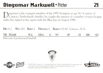 1997 Best St. Catharines Stompers #21 Diegomar Markwell Back