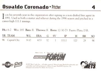 1997 Best St. Lucie Mets #4 Osvaldo Coronado Back