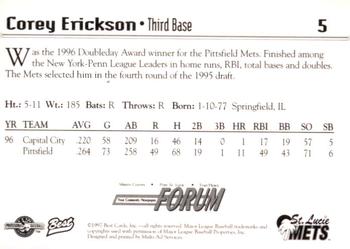 1997 Best St. Lucie Mets #5 Corey Erickson Back