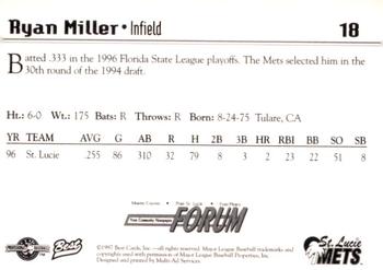 1997 Best St. Lucie Mets #18 Ryan Miller Back