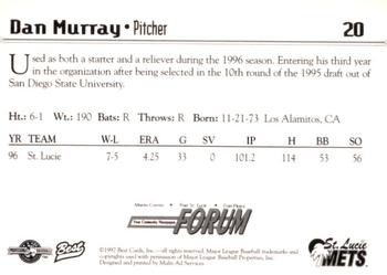 1997 Best St. Lucie Mets #20 Dan Murray Back
