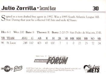 1997 Best St. Lucie Mets #30 Julio Zorrilla Back