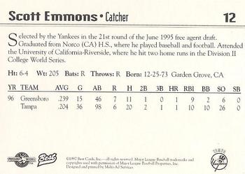 1997 Best Tampa Yankees #12 Scott Emmons Back