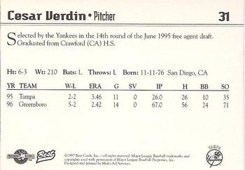 1997 Best Tampa Yankees #31 Cesar Verdin Back