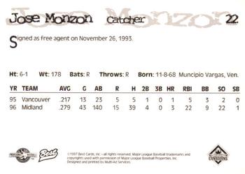 1997 Best Vancouver Canadians #22 Jose Monzon Back