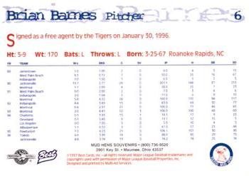 1997 Best Toledo Mud Hens #6 Brian Barnes Back