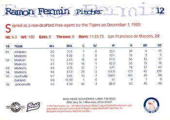 1997 Best Toledo Mud Hens #12 Ramon Fermin Back