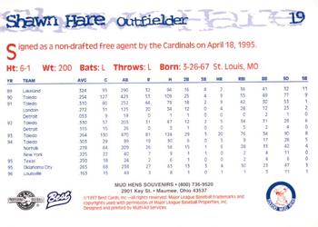 1997 Best Toledo Mud Hens #19 Shawn Hare Back
